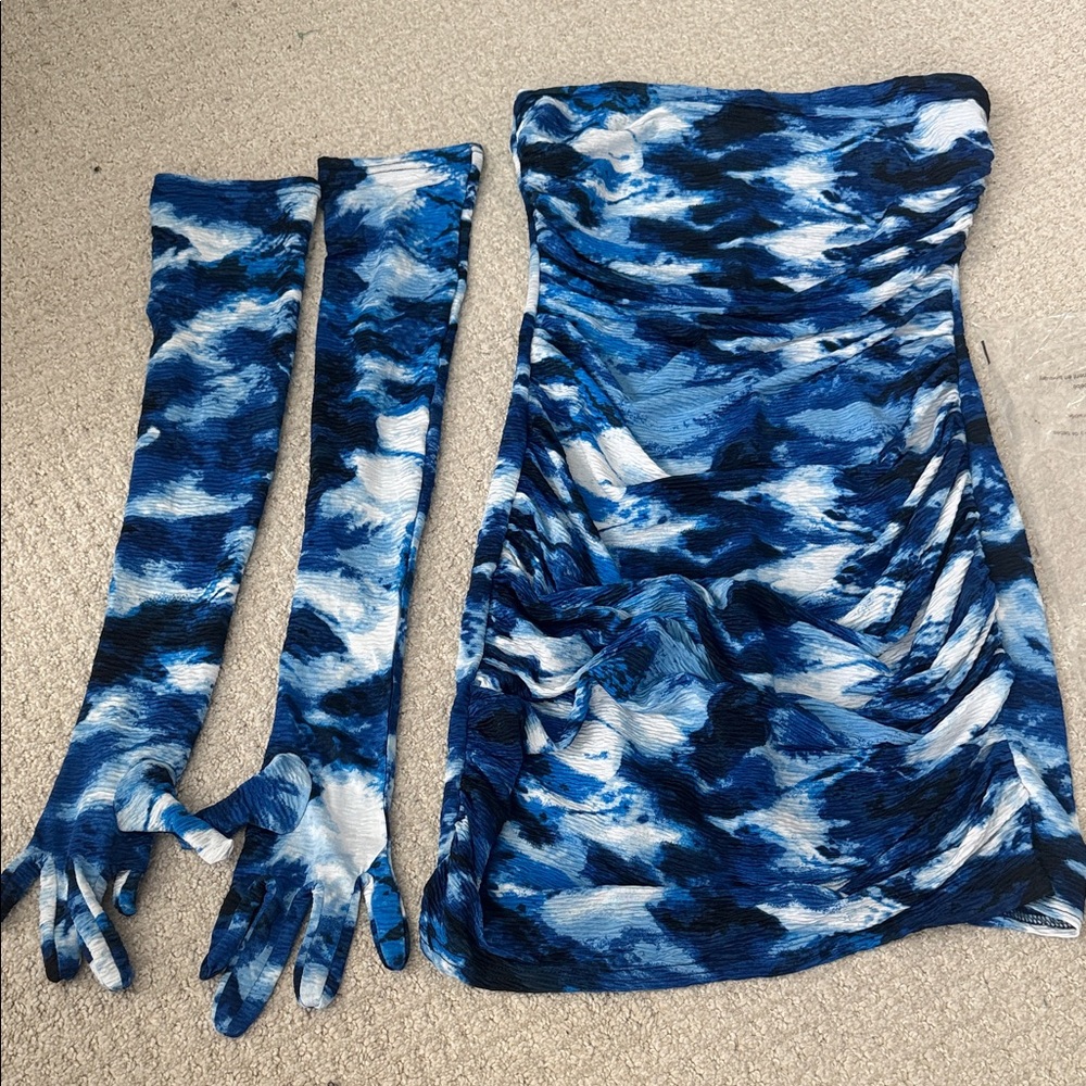 Miscreants Blue Patterned Mini Dress with Gloves